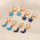 Star Earrings SP Korean Ocean Style Blue Star Moon Earrings Cute Lovely Small Hoop Earrings