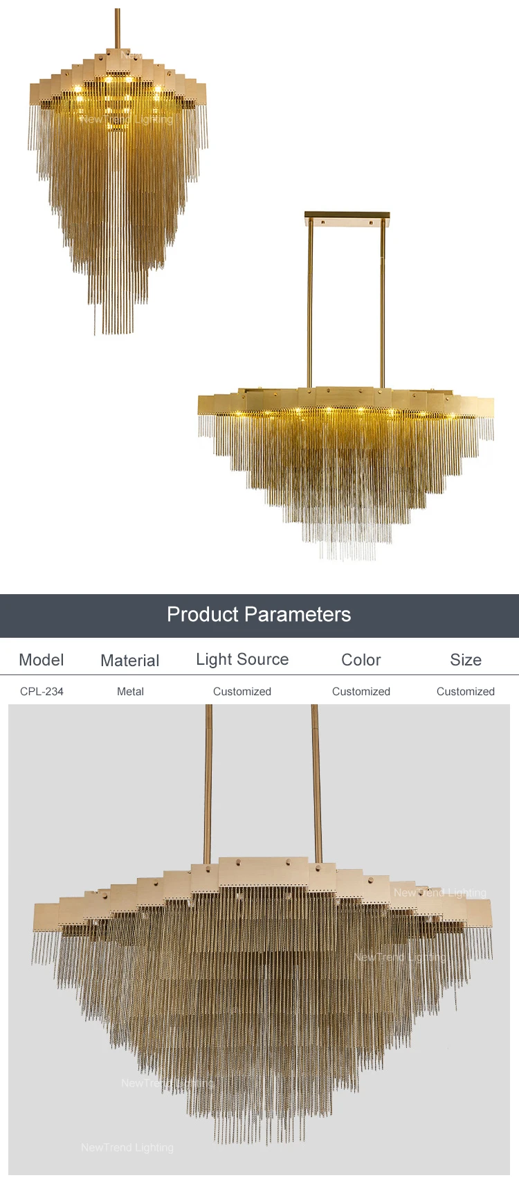 CPL-234 New Product Indoor Decoration Gold Color Fixture Villa Restaurant Aluminum Chain Chandelier details