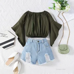 Wholesale girls clothing sets new fashion summer boutique two-piece denim shorts toddler kids outfits clothes
