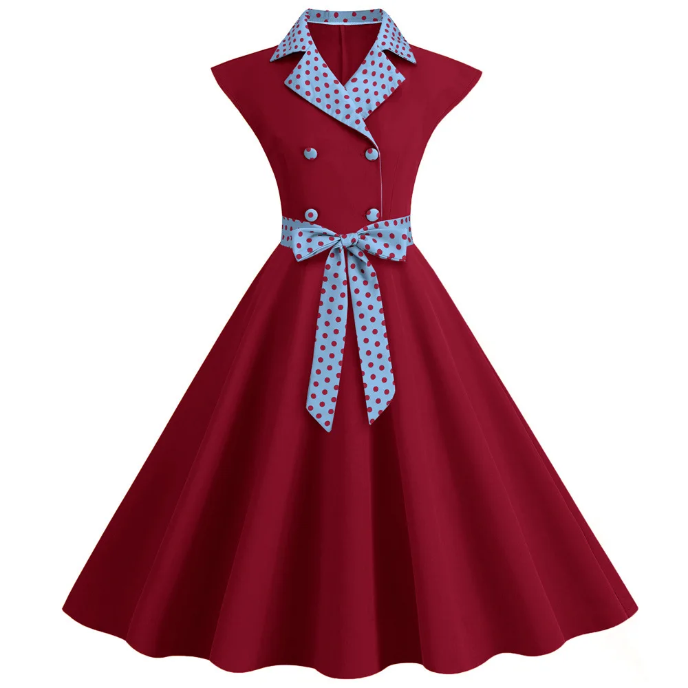 Notched Collar Vintage Solid Party Dresses Women Summer