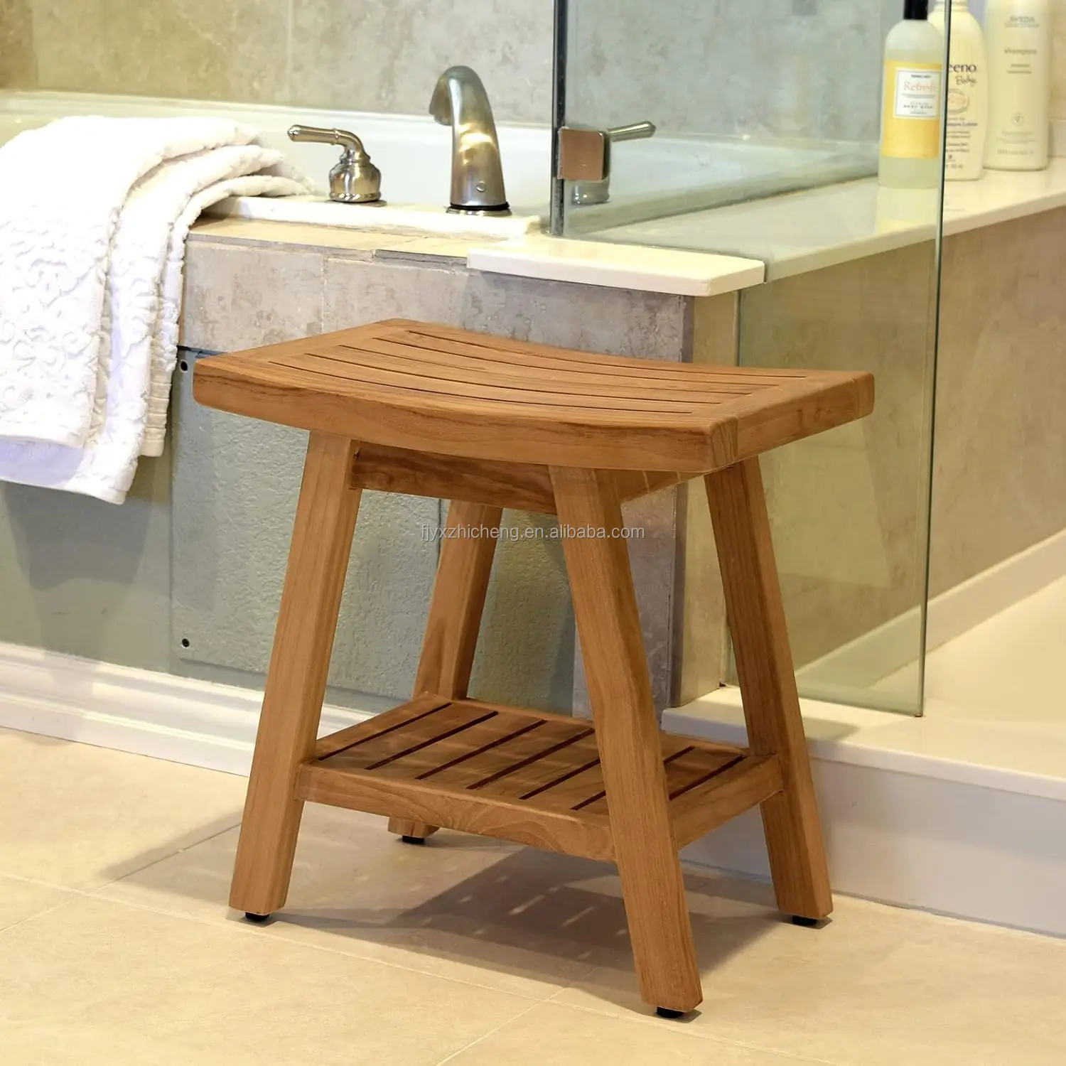 product teak shower bench with shelf 2 tier waterproof shower stool for bathroom non slip spa seat for elderly disabledshower chair-1
