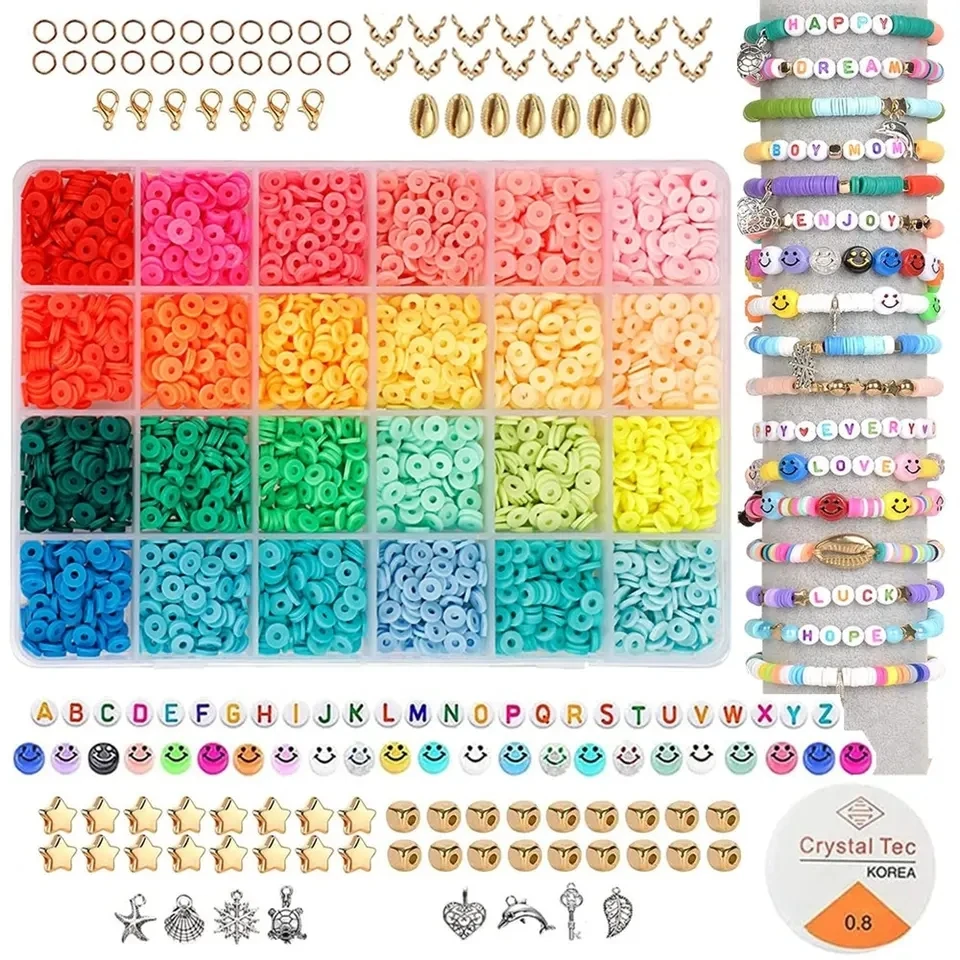 Necklace Earring DIY Craft Kit 4000 Pcs Clay Beads Kit Jewelry Making Flat Polymer Clay Beads Set
