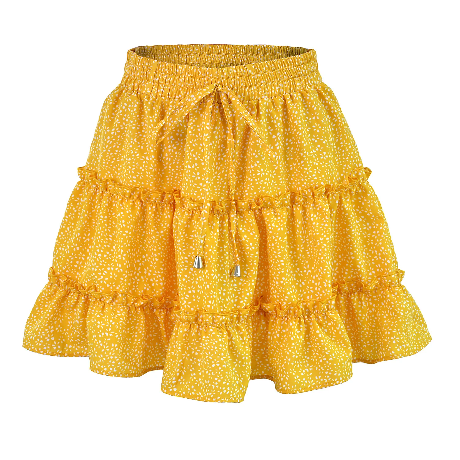 2023 Summer Casual High Waist Women Skirt Elastic Ruffle Floral Printing A-Line Pleated Skirt