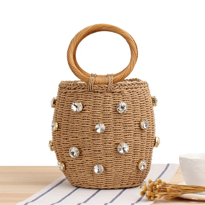 Wrist Bag Artificial Pearl Decorative Basket Bag Braided Belt Drawstring Bracelet Handle Straw Weave Bag