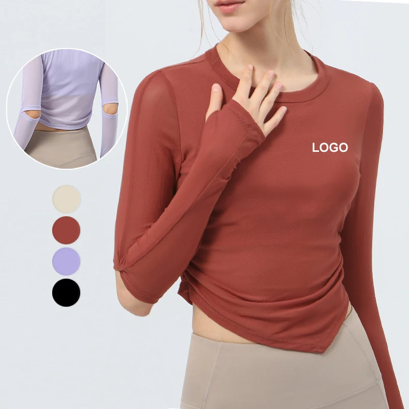 custom-made OEM logo women's long sleeve bra loose fit Fashion hem mesh splicing yoga tops sports T shirts directly from factory