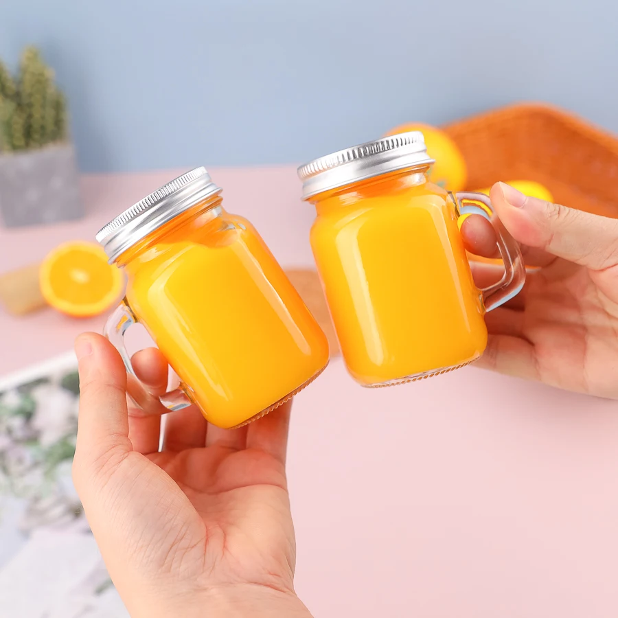 Clear Square Round Honey Sauce Jam Storage Jar 120ml Empty Soda Water Juice Beverage Glass Mason Jar with Handle Metal Screw Lid