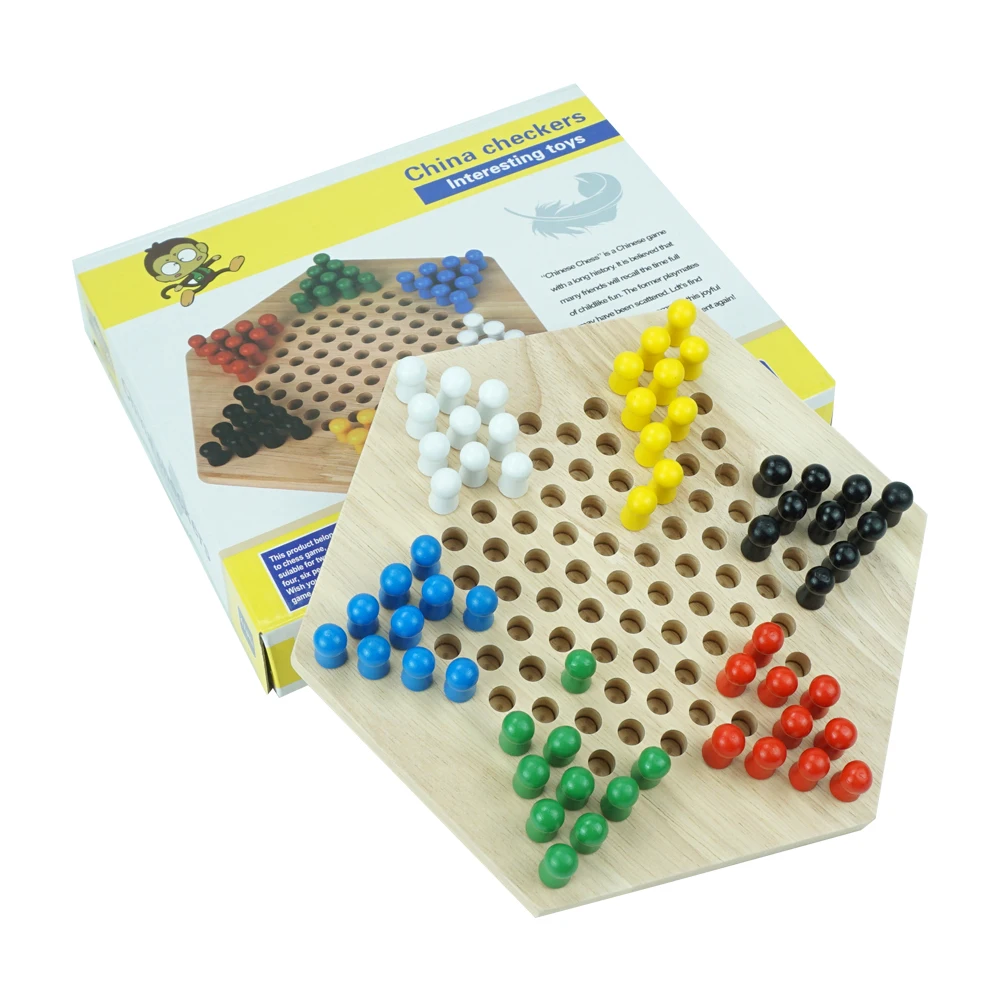 工厂热卖木制六角中国跳棋定制跳棋彩色儿童橡胶木游戏