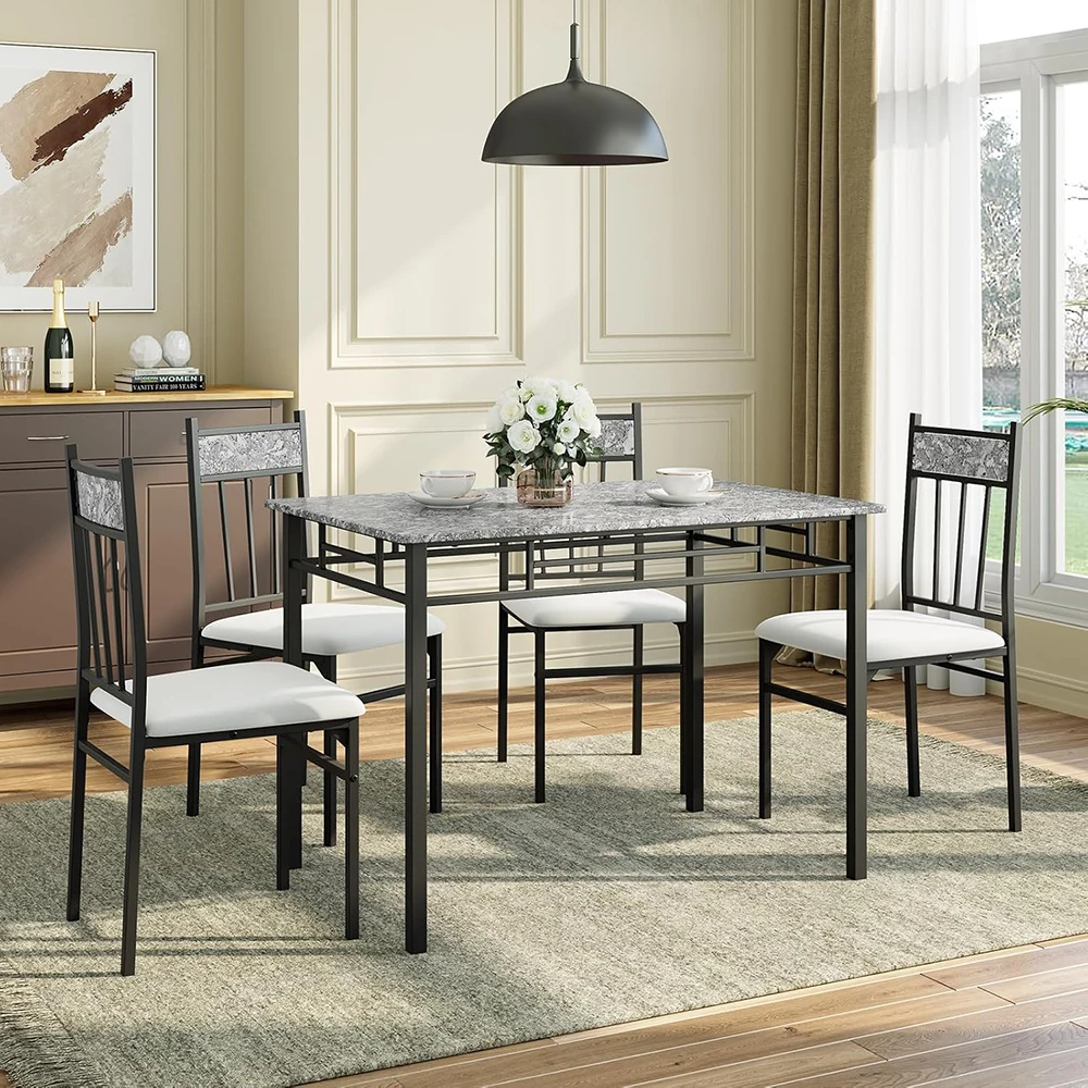 5-Piece Vintage Rectangular Dining Room Table Set 4 Faux Marble Kitchen Table Chairs Cushion Padded Seats Metal Wood Furniture manufacture