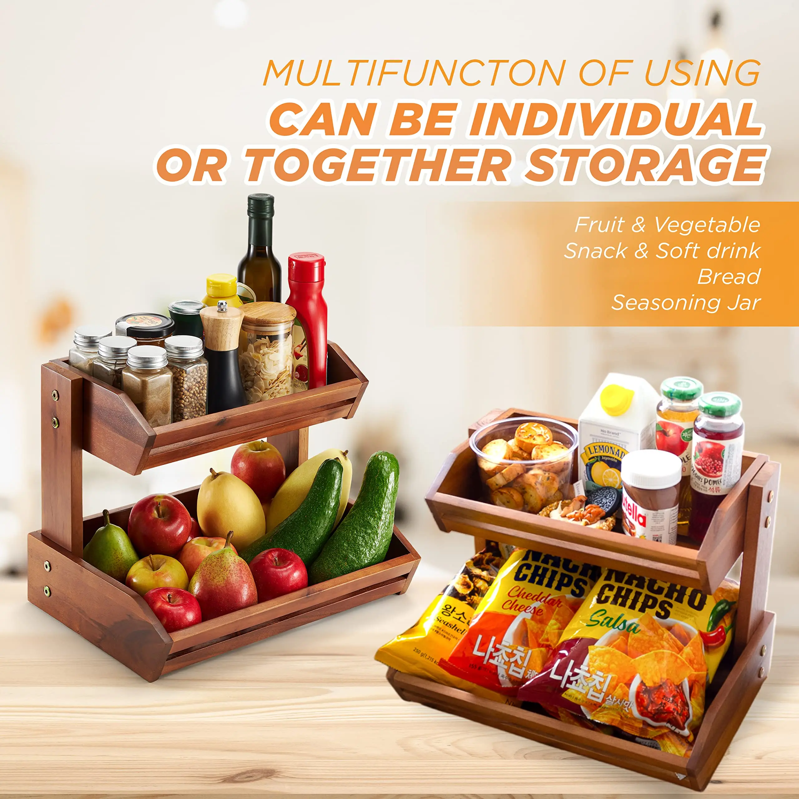product 2 layer handcrafted wooden fruit vegetable storage rack for kitchen counters for home use eco fruit basket-11