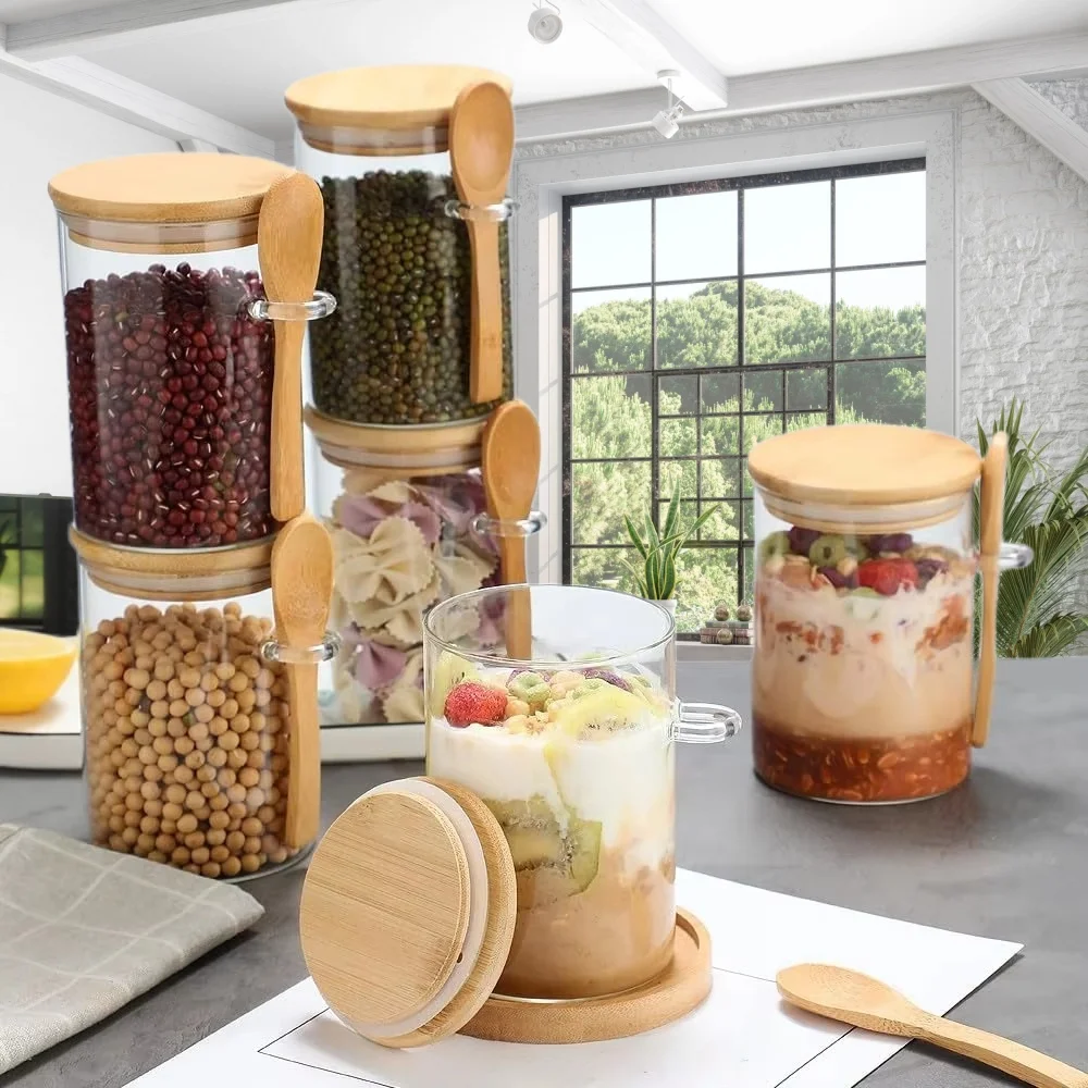 HOME 280ml Glass Multifunctional Kitchen Glass Food Container with Spoon Bamboo Lid Seal-for Spices Jars