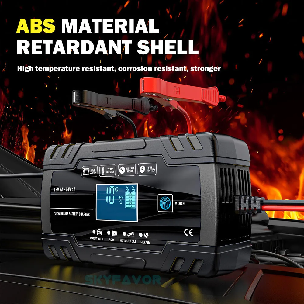 Universal truck car battery charger 12V 24V 8A automatic Maintenance-free gel agm dry wet deepcycle pulse repair battery charger