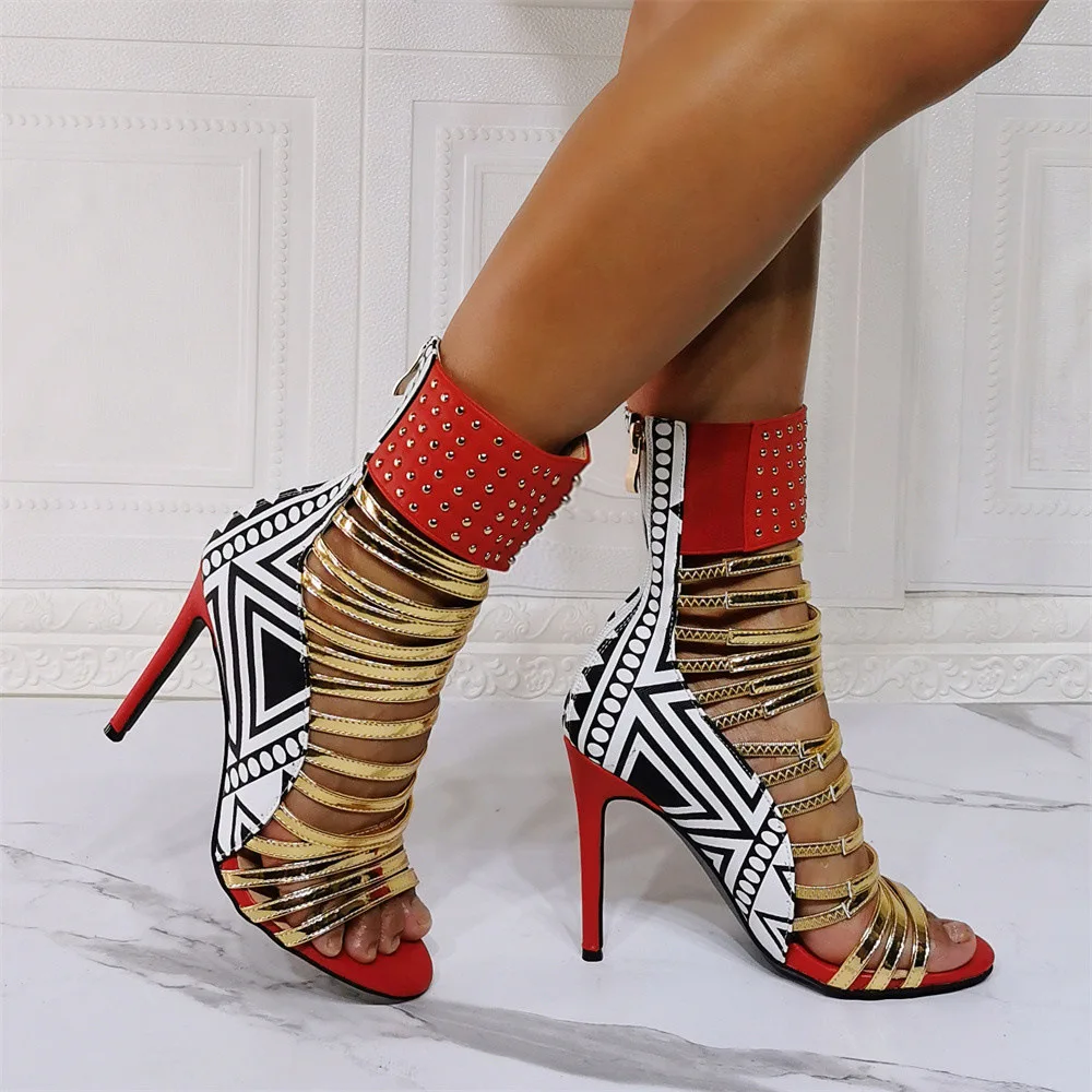 Mixed Colors Sexy Peep Toe Woman Boots Sandal Front Gold Strappy Hollow Out Ankle Rivets Sandals 12CM Nightclub Dance High Heels