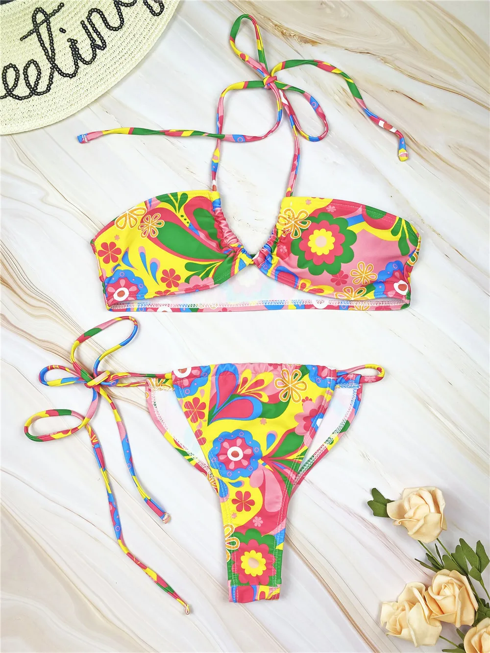 Custom Bikini Floral Printed 2 Pieces Halter Up Micro Mini Bikini Mujer