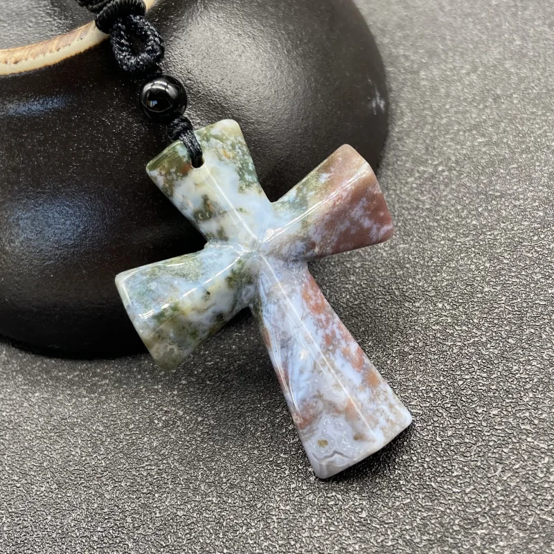 Jade Cross Pendant Men Necklace Meditation Jewelry Natural Stone Frosted Black Onyx Catholic