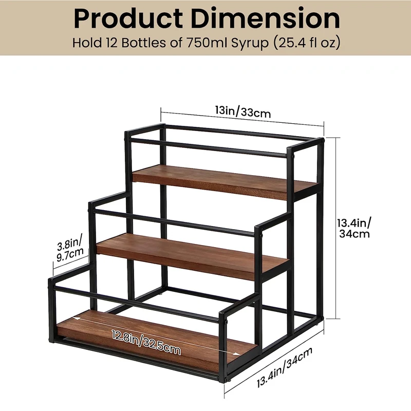 SOPEWOD 3 tier 12 bottles storage coffee syrup stand ironwood coffee syrup holder for coffee bar
