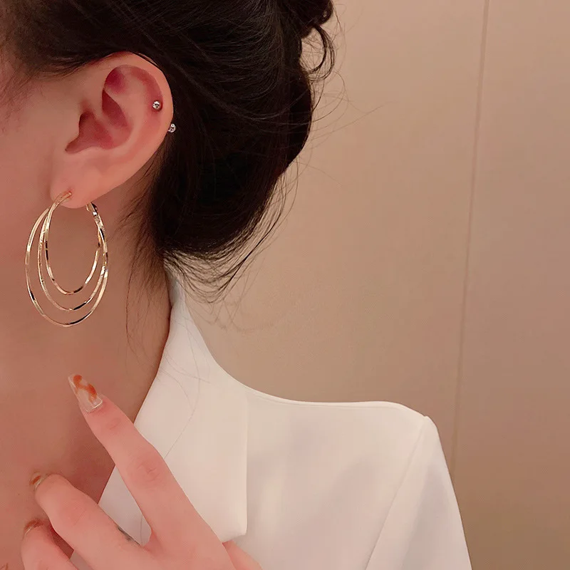 Exaggerated S925 Sterling Silver Needle Big Hoop Earrings Women Girls Multi Layer Circle Earrings Jewelry
