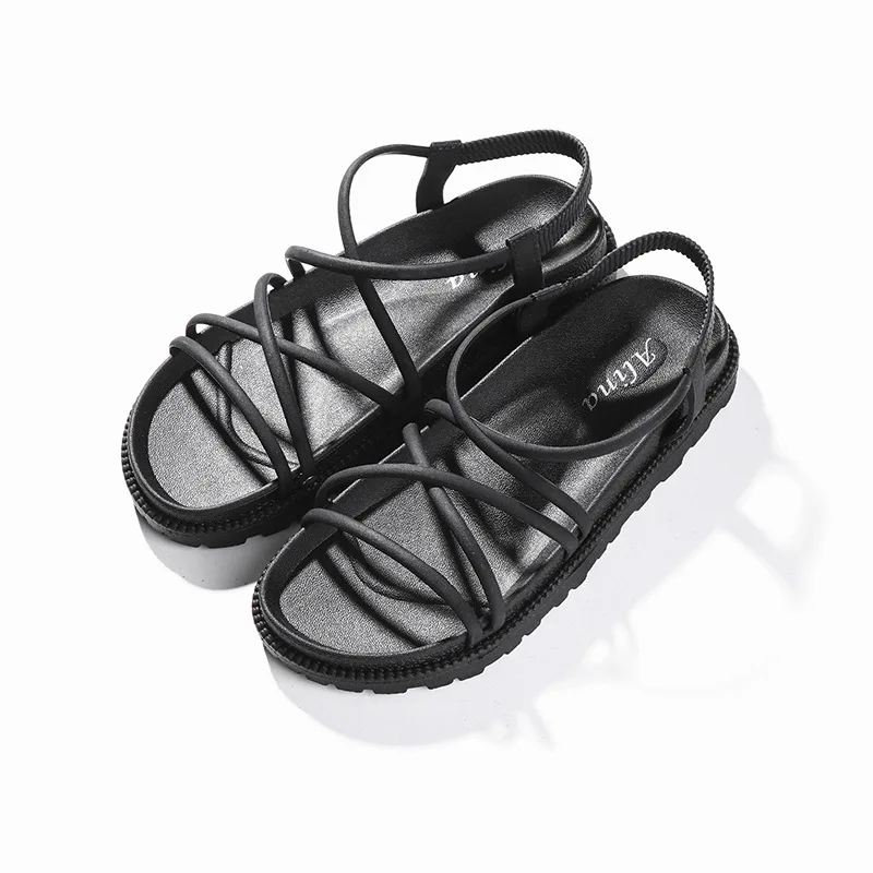 35-42 European and American flat bottomed fish beak sandals Women's elastic Roman sandals Cross strap sandals