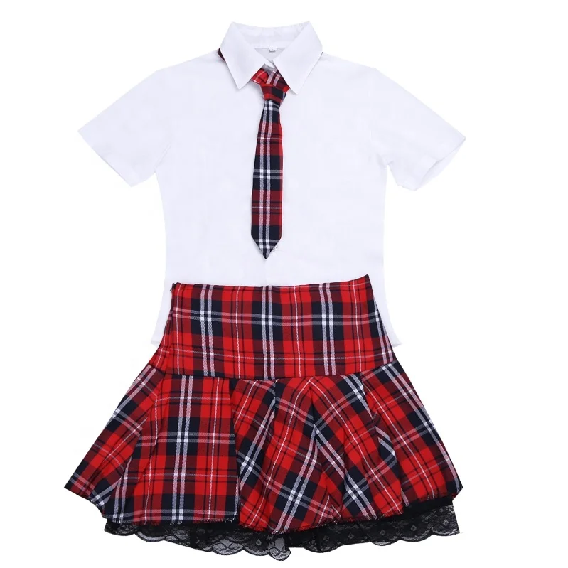 Hot Sale Women Lingerie School Girl Uniform Sexy Cosplay Set Short Sleeve Shirt with Plaid Skirt