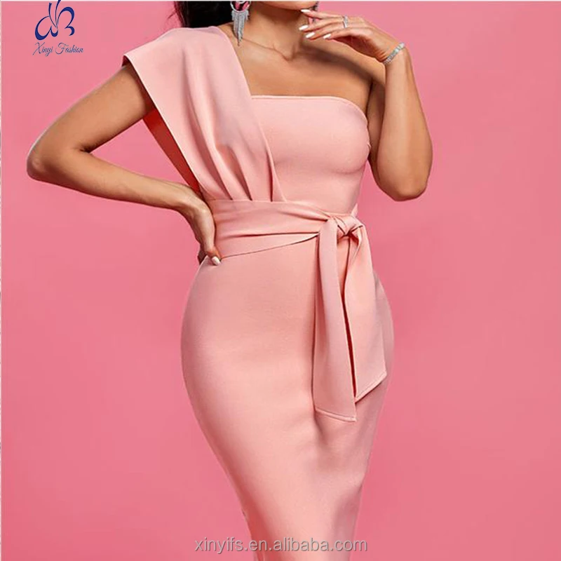 Hot Selling Party Dress Pink Midi Bodycon Party Elegance Ladies Summer Cocktail Dress One Shoulder Belted Bandage