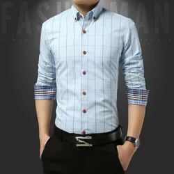 New Fashion Men Long Sleeve Lapel Shirts Button Lapel Plaid Printed Youth Business Office Tops Men's Clothes Casual Shirt