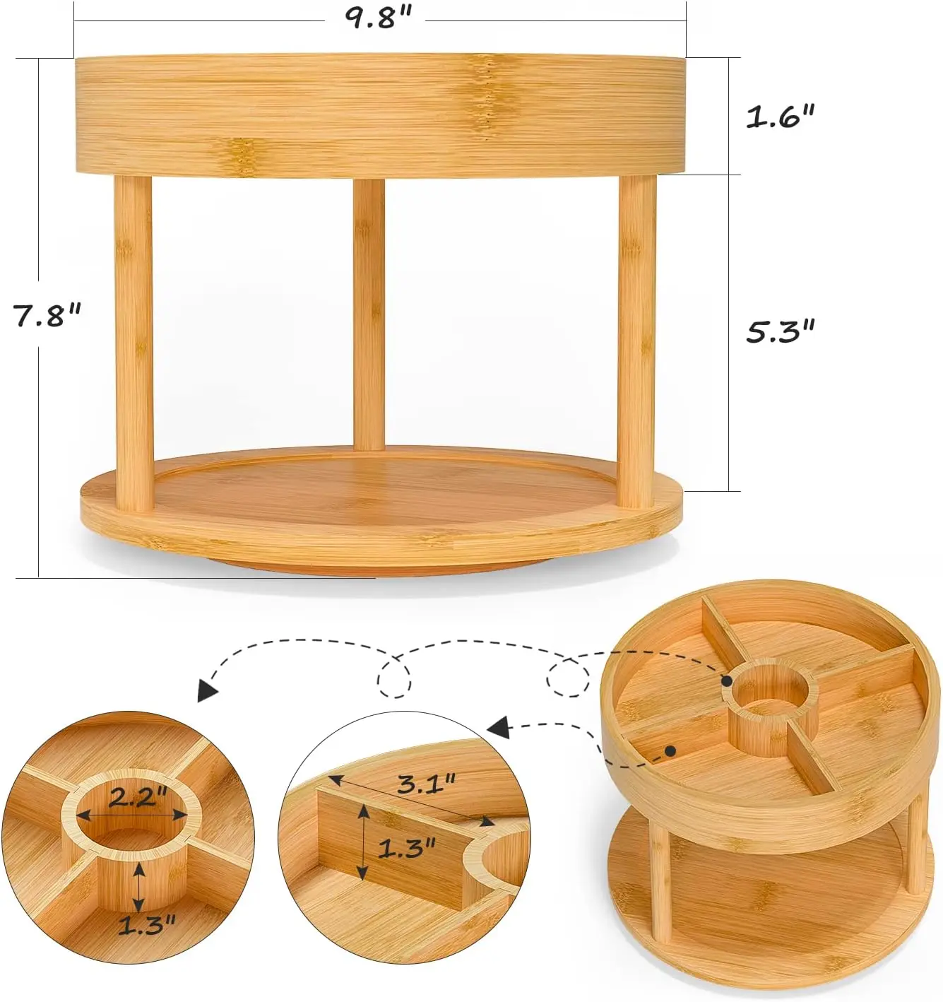 product round 2 tier rotating lazy susan turntable home kitchen bamboo spice rack organizer for cabinet-4