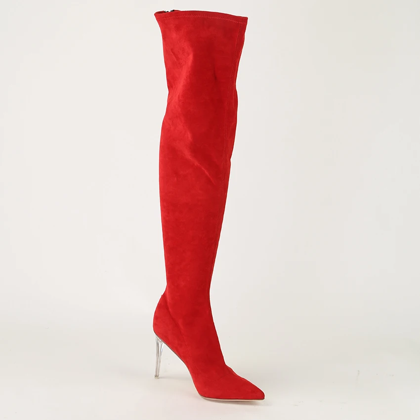 red stretch knee high boots