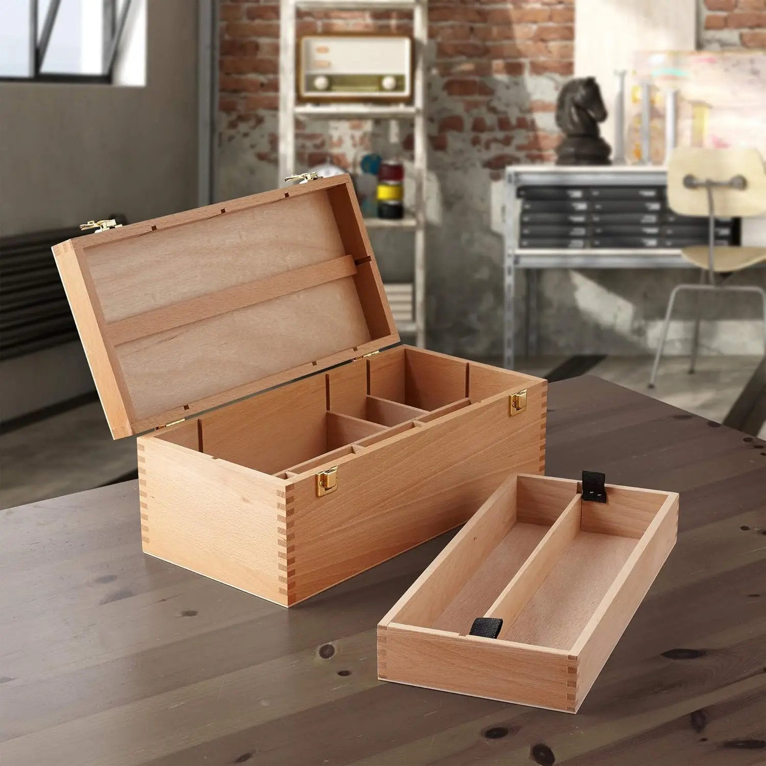 Art Supply Multi-Function Unfinished Beechwood Artist Tool Storage Box with Removable Tray & Locking Clasps