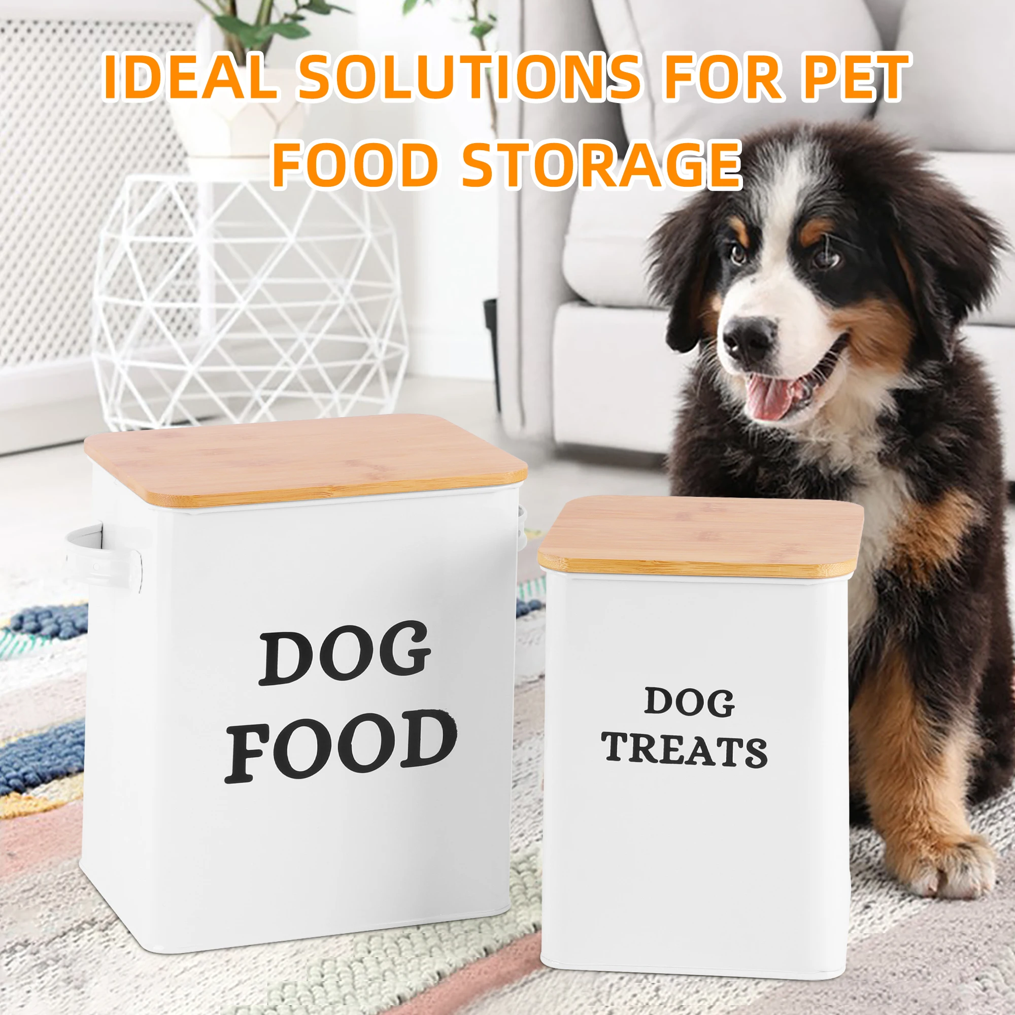 Factory Airtight Pet Food Metal Storage Sets Dog Food and Dog Treat Storage Container Sets With Wooden Lid and Meas
