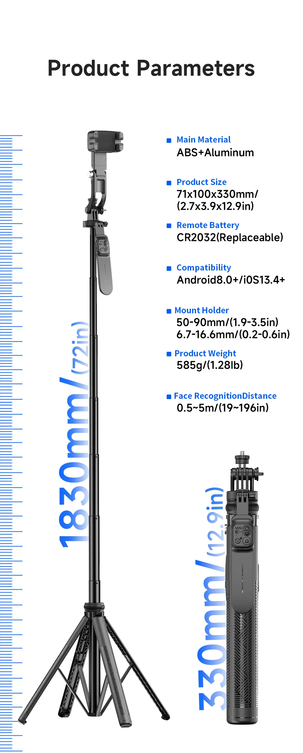 C16 Intelligent AI Face Tracking 360 Rotating Single Axis Gimbal Stabilizer Aluminum Alloy Rod Quadrupod Selfie Stick Light 540g