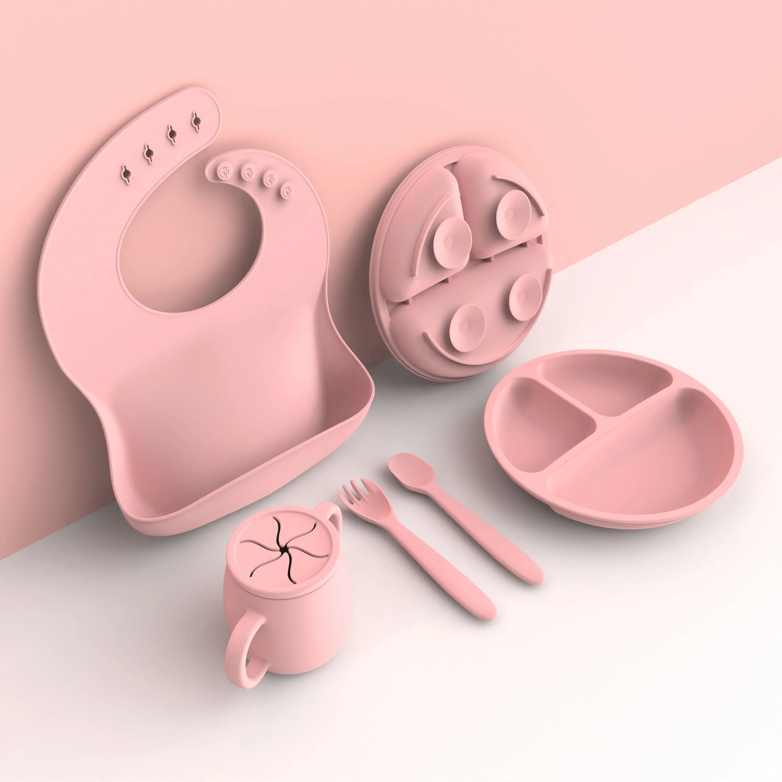 Wholesale BPA Free Ecofriendly Baby Weaning First Stage Silicone Baby Feeding Set Silicone Suction Plate Cup Spoon Bibs