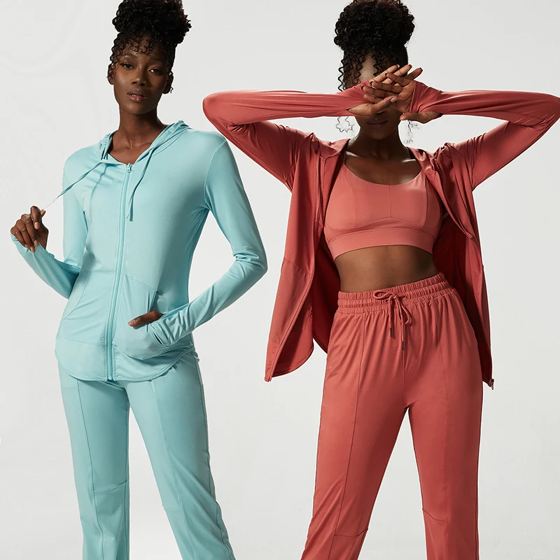 2022 Spring Fall 3 Pieces Fitness Set High Waist Fitness Women Wear Sportswear Yoga Coat With Hoodies Jogger Wear Plus Size