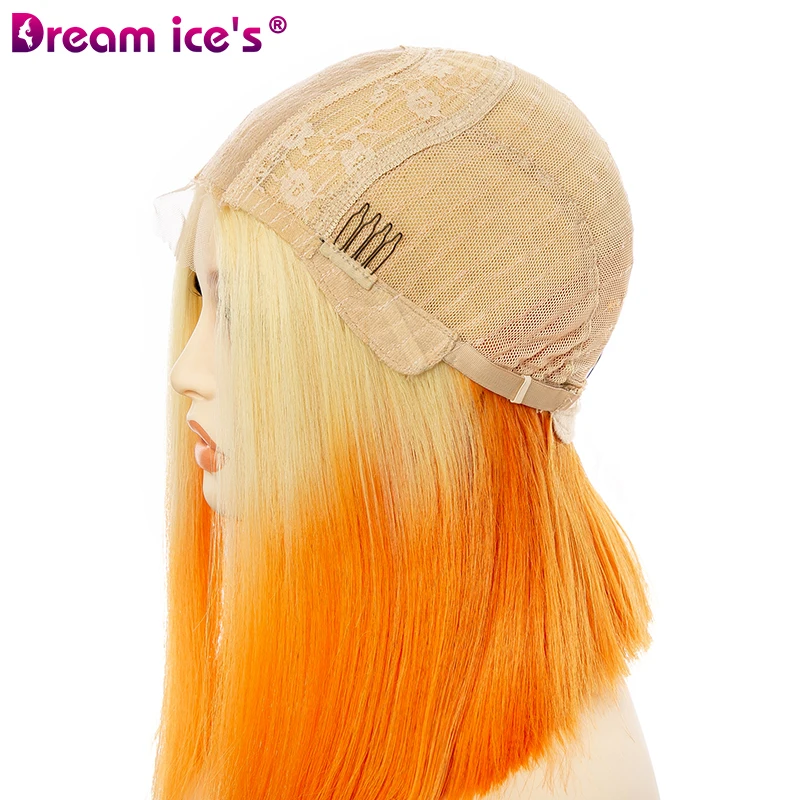 Dream Ice's Natural Straight Front Lace Wig Fashion Ombre Light Blonde Orange Synthetic Bob Hair Wigs Cosplay Lace Frontal Wigs