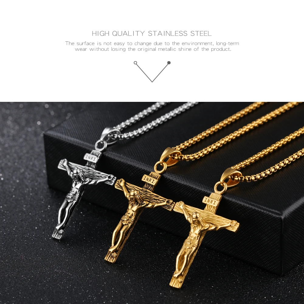 Christian Crucifix Jesus Cross Pendant Necklaces With Chain For Men