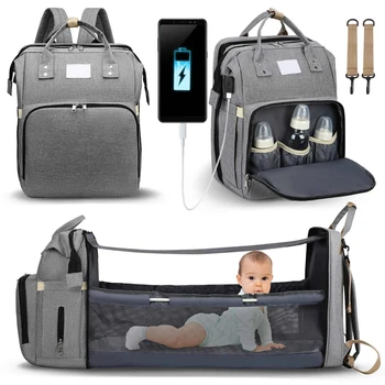 New Fashion Mommy Bag Folding Crib Mother and Baby Bag Large Capacity Portable Baby Bottle Diaper Backpack