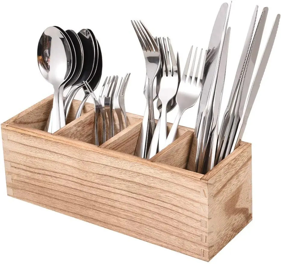 Wood Cutlery Caddy Kitchen Utensil Organizer Silverware Storage Kitchen Countertop Flatware organizer