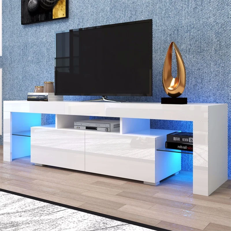 High gloss Living Room Furniture with led light TV Stand Unit Set Wooden  Display White TV Cabinet TV Benches