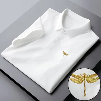 2025 new men's T-shirt summer ice silk ins fashion polo shirt business casual embroidered lapel long sleeved top