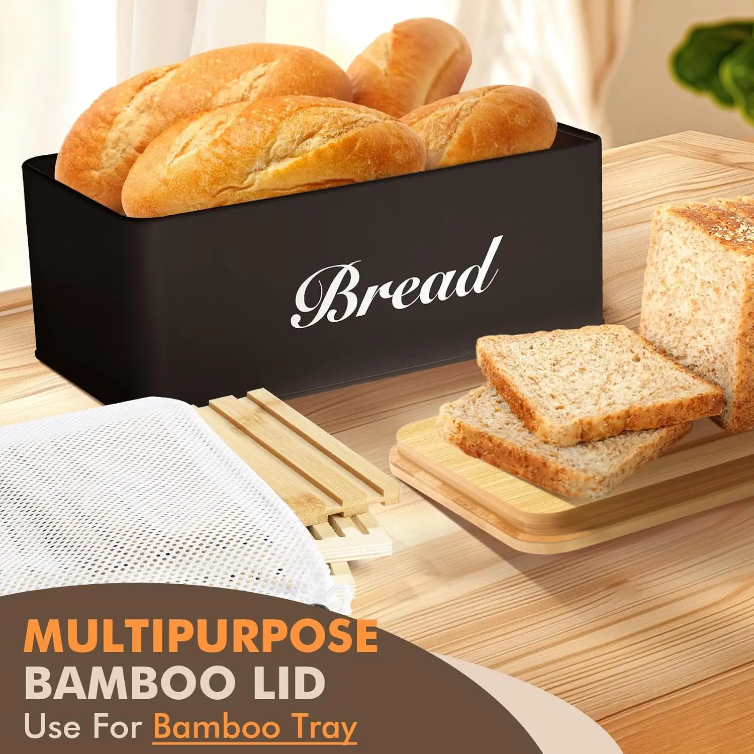 product bread slicer box black bamboo metal kitchen counter top 3 in 1 multi function storage container loaf slicing tray-6
