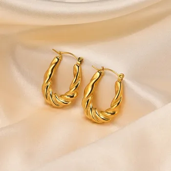 RFJEWEL 2024 New Hot Classic U-shaped Twisted Rope Hoops Stainless steel Gold Plated Earrings