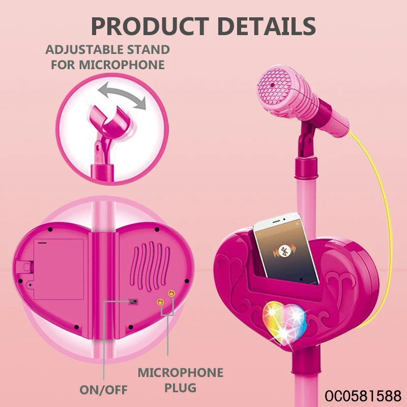 Lighted up pink electronics singing toy microphone with stand for kids