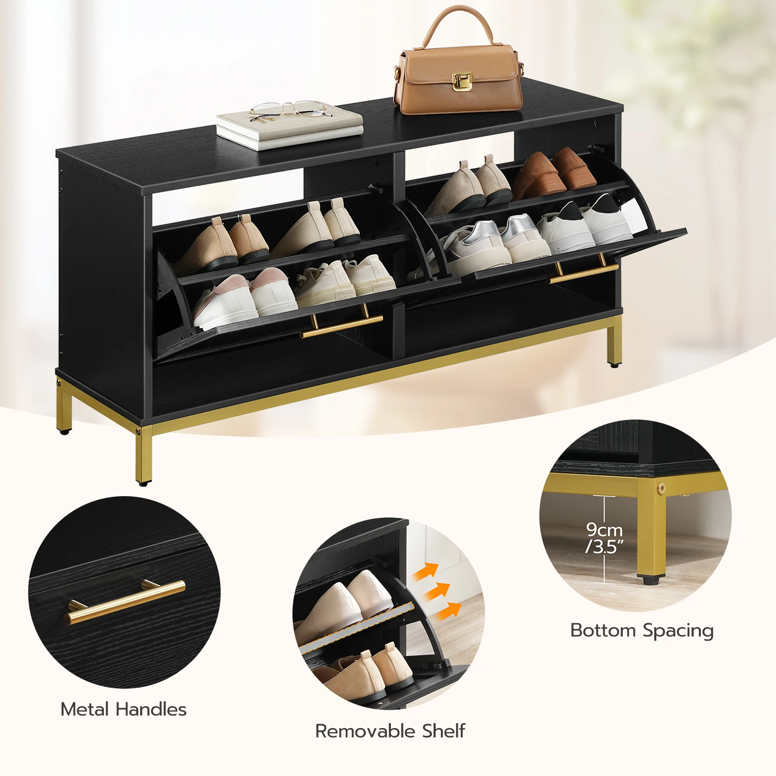 Modern Wooden Seated Shoe Cabinet With Flips 2 Layers Tipping Bucket Shoe Storage Cabinet Bench Shoe Rack With Seat For Entryway