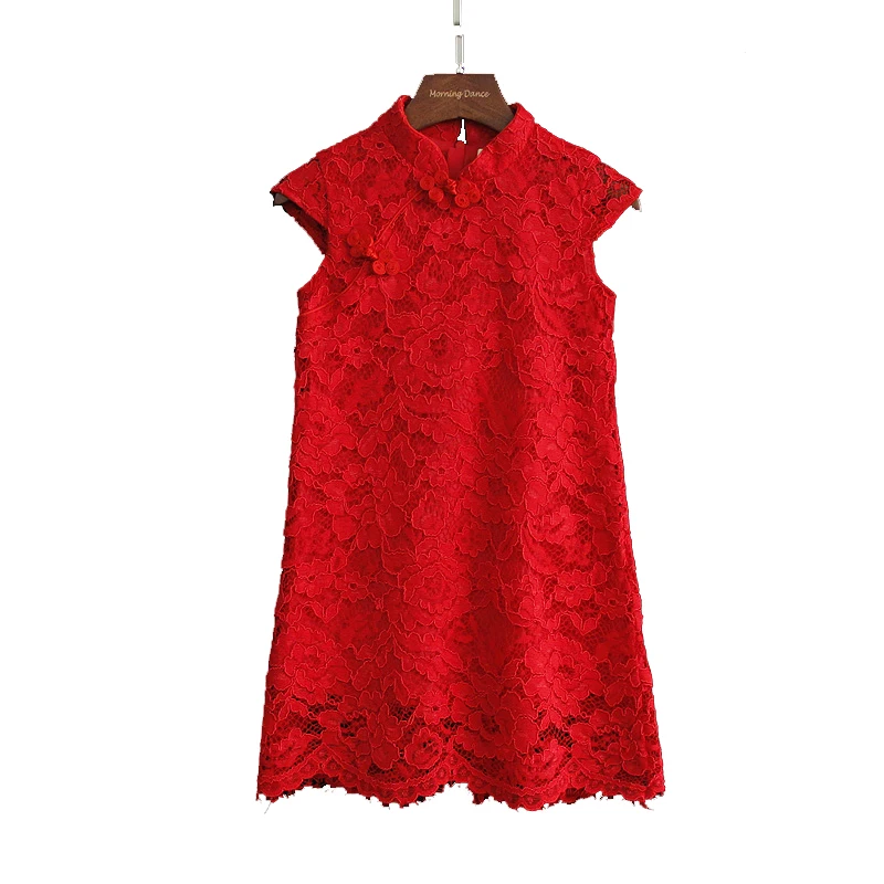 Chinese Traditional New Years Dress Fashion Red Hollow Out Fabric Chinese Cheongsam style 4-14 years girls dresses