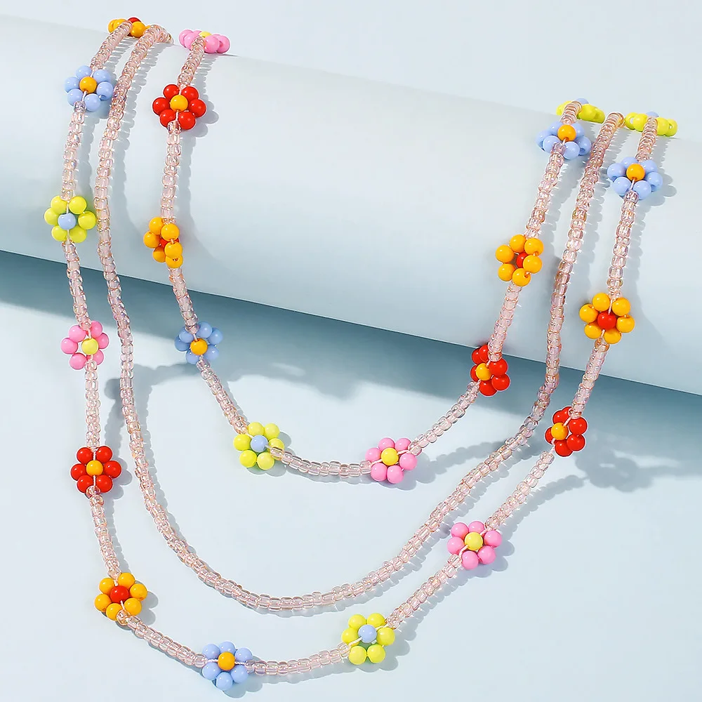 Handmade Flower Colorful Bead Three Layer Necklace Bohemian Necklace For women
