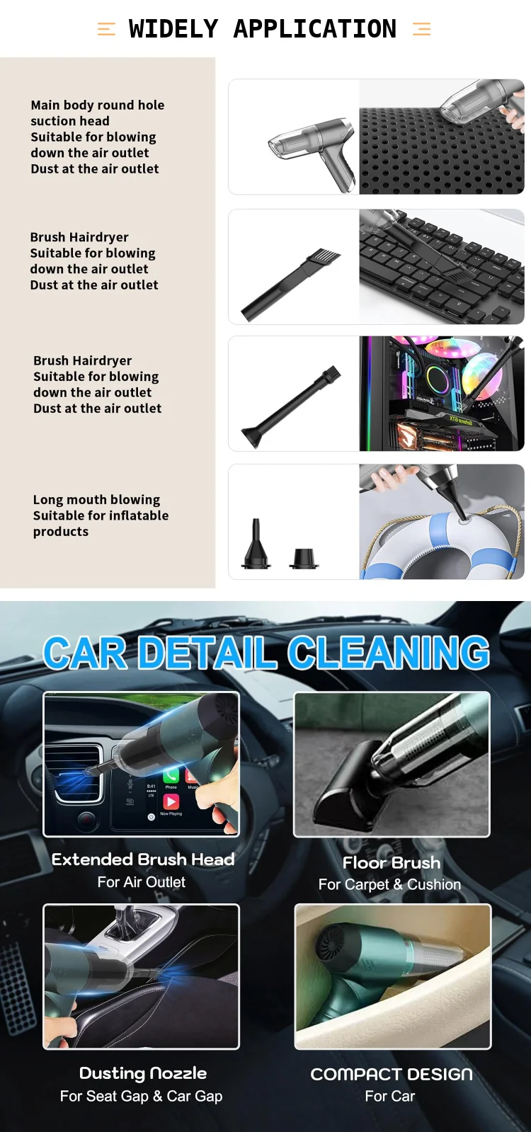 Car Handheld Vacuum Cleaner, 3-in-1 Brushless Motor