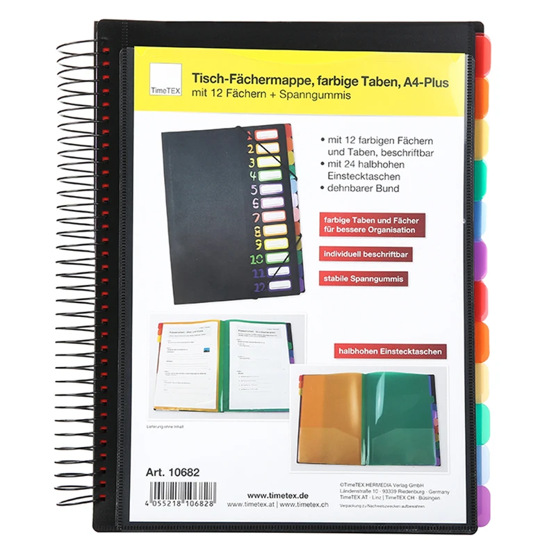 HR-International 12 Pocket Expanding File Folder Plastic A4 Expanding Project Sorter Rainbow Notebook Organizer Letter Size 