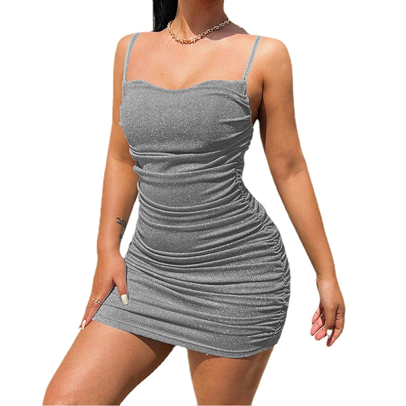 Sleeveless Spaghetti Strap Ruched Mini Dress Backless Bodycon Night Club Dresses for Women Sexy Plus