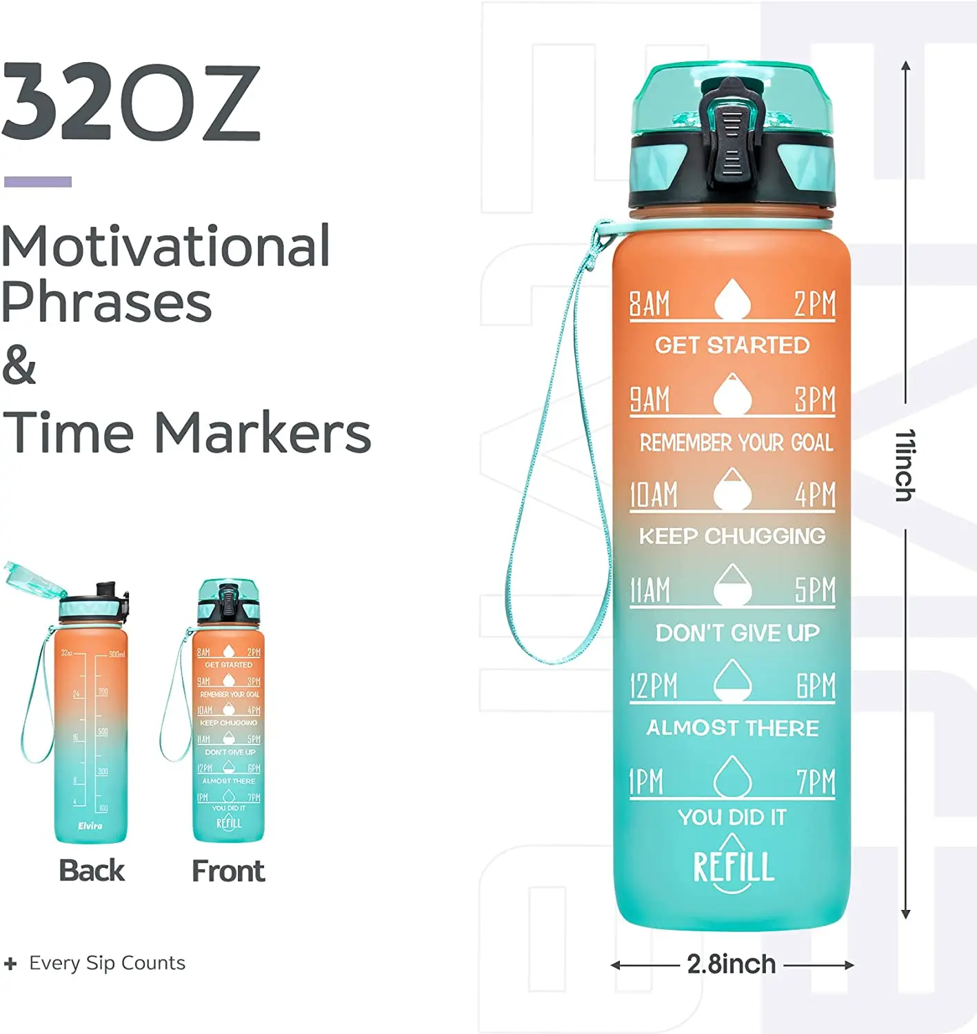 Motivational Fitness Sports Water Bottle with Time Marker Removable Strainer,tumbler,Flip Durable BPA Free