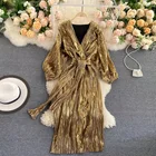 Ladies Dress Popular Designs 2021 Spring Summer Ladies Long Sleeve Dress Elegant Shiny Gold Long Dress