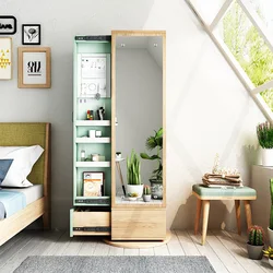 Nordic Style Storage Rotatable Mirrored Tall Clothes Standing Home Rack Wood