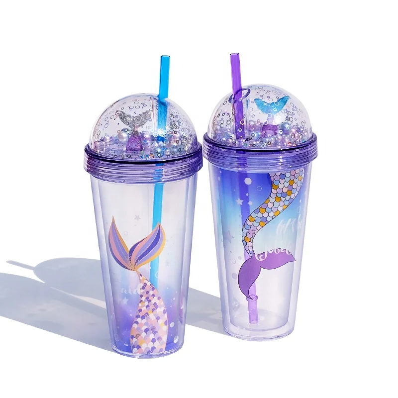 CUTE MERMAID FUNKY CHILDREN'S PLASTIC DOUBLE WALLED CUP WITH LID AND STRAW